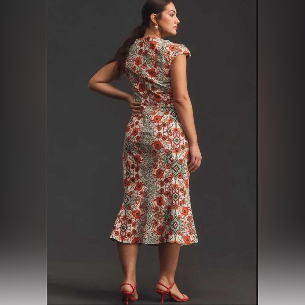 Anthropologie Mosaic Floral Midi Dress in Red, Green, Cream - Picture 5 of 15